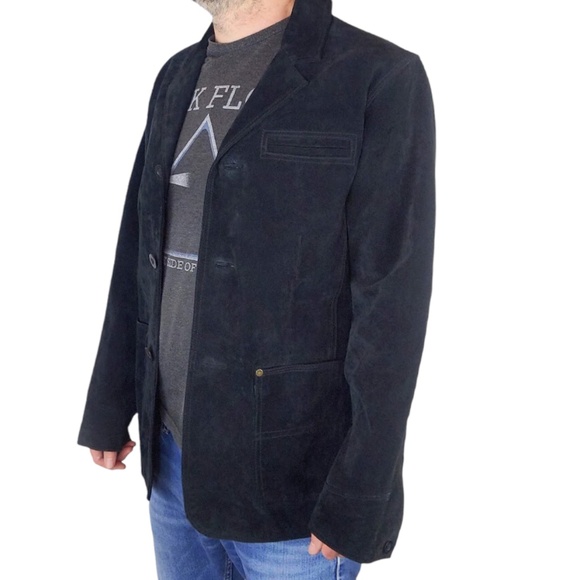Vintage 90s B.U.M. Equipment Men’s Black Suede Jacket Coat Elbow Patches - Picture 5 of 16